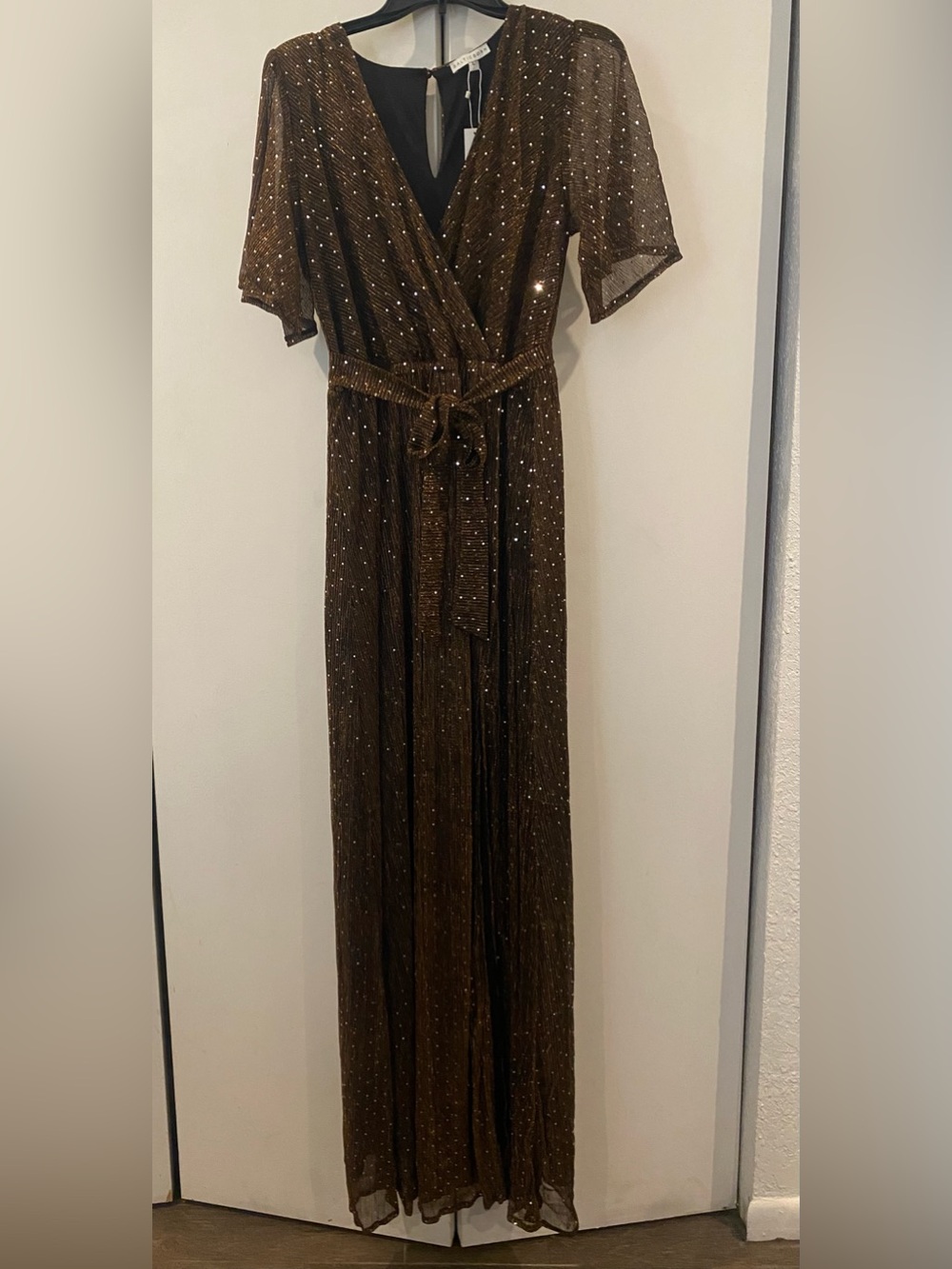 Baltic Born 🤎 Bronze/Brown Sparkle ✨ Faux-Wrap Surplice Maxi Dress with Sash NWT